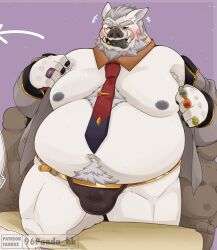 96panda anthro balls belly belt blush body_hair bulge clothing erection fur genitals group happy_trail hi_res humanoid lifewonders male male/male mammal moobs navel necktie nipples nude overweight penis ring speedo suid suina sus_(pig) swimwear tokyo_afterschool_summoners tongue tongue_out trio tusks undressing white_body white_fur wild_boar y'golonac_(housamo)