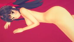 1girls 3d arm_support ass bed big_ass big_breasts blue_hair brown_eyes busty come_hither covering_breasts fat_ass female hair_ribbon large_breasts long_hair looking_at_viewer lying nude on_stomach ponytail pose posing sakura_shinguji sakura_wars sega sensual sideboob smile teasing the_pose voluptuous