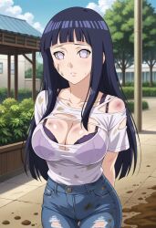 ai_generated arms_behind_back big_breasts black_hair bra civitai damaged_clothes dirt dirty hyuuga_hinata jeans large_breasts long_hair naruto naruto_(series) naruto_shippuden no_pupils ripped_clothing ripped_shirt scratches white_shirt