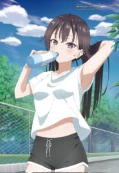 armpits arms_up bare_arms bare_belly bare_legs bare_thighs belly_button black_eyes black_hair blush breasts drinking gray_shorts hand_holding_hair long_hair loose_hair medium_breasts megami_magazine official_art outdoors shirt_lift shorts suou_yuki sweat sweatdrop thighs tokidoki_bosotto_russian_de_dereru_tonari_no_alya-san white_shirt