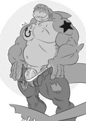 1boy anthro bara barely_contained clothed clothing fish greyscale kazushi looking_at_viewer male male_only marine monochrome musclegut muscular muscular_male scar shark smile solo standing tattoo topless underwear unzipped vein