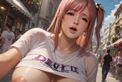 ai_generated areola_slip close-up dead_or_alive earings female honoka_(doa) huge_breasts out_of_frame public sheer_t-shirt taut_clothes