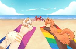 anthro ass backsack balls beach big_butt bisexual_pride_colors canid canine canis clothing crab_stealing_clothing domestic_dog felid feline finn_(itsjay) genitals hi_res hunting_dog inosagi irish_wolfhound lgbt_pride lion male male/male mammal nude outside pantherine pride_colors public public_nudity rainbow_flag rainbow_pride_flag rainbow_symbol sea sighthound sleeping swimwear water