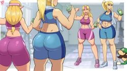 2girls big_ass bimbo blonde_hair blue_shorts breast_expansion female gym gym_clothes huge_ass huge_breasts metroid misskoi multiple_girls muscular_female princess_zelda purple_shorts samus_aran the_legend_of_zelda zelda_(a_link_between_worlds)