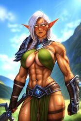 abs ai_generated aralyva armor cleavage elf female female_only muscular_female pelvic_curtain revealing_clothes scar scars sweat underboob veins warcraft white_hair world_of_warcraft yellow_eyes