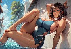 1girls ai_generated avatar_legends blue_eyes brown_hair earrings eyelashes female hoop_earrings korra large_breasts leaning_on_wall looking_at_viewer one_leg_up short_hair skindentation the_avatar the_legend_of_korra thick_thighs view_from_below water_tribe