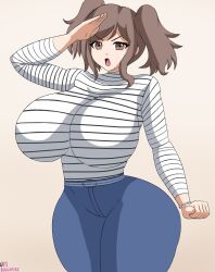 1girls busty huge_ass huge_breasts looking_at_viewer salute solo_female striped_shirt tagme ultiblackfire