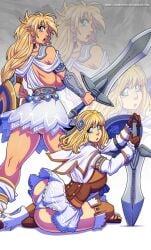 2girls ass backboob big_ass big_breasts blonde_hair breasts darkereve huge_ass huge_breasts large_ass large_breasts large_sword long_hair looking_at_viewer looking_back mother_and_daughter no_panties panties pyrrha_alexandra short_skirt sideboob skirt sophitia_alexandra soul_calibur soul_calibur_iv soul_calibur_v upskirt