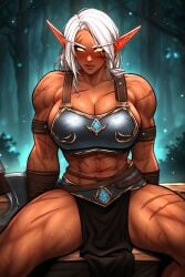 abs ai_generated aralyva armor cleavage elf female female_only legs_apart muscular_female pelvic_curtain revealing_clothes scar scars sitting sweat veins warcraft white_hair world_of_warcraft yellow_eyes