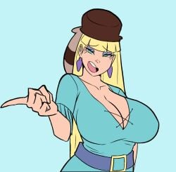 1girls 2d 2d_(artwork) bangs banjabu belt big_breasts blonde_female blonde_hair blue_shirt cleavage disney disney_xd earrings edit edited female fur_hat gravity_falls green_eyes hat hi_res highres hourglass_figure large_breasts laughing light-skinned_female light_skin long_hair mocking open_mouth pacifica_northwest pointing shirt slim_waist slutty_clothing slutty_outfit smirk smirking sneer solo straight_hair tagme teasing