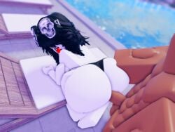 1boy 1girls 3d ambiguous_penetration ass ass_focus ass_grab big_ass big_breasts dark_skin donquiotedd groping groping_ass headgear light_skin muscular muscular_male penetration pool poolside roblox roblox_avatar robloxian self_upload thong thong_bikini white_body