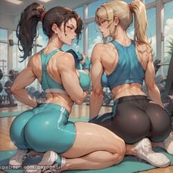 2girls abs ai_generated artist_name artist_psyopsai ass ass_focus back_view clothed clothing colored curvy digital_media_(artwork) female female_focus female_only fit_female from_behind from_below gym gym_clothes lara_croft metroid muscles samus_aran sportswear sweaty tomb_raider watermark