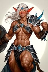 abs ai_generated aralyva armor elf female female_only muscular_female pelvic_curtain revealing_clothes scar scars sweat veins warcraft white_hair world_of_warcraft yellow_eyes