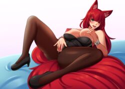 akihiro94 animal_ears blue_eyes blush breast_grab breasts fingering fox_ears fox_tail high_heels large_breasts leotard leotard_aside long_hair lying masturbation multi_tail multiple_tails nipples on_back one_eye_closed open_mouth original pantyhose pussy pussy_juice red_hair spread_legs sweat tail torn_clothes torn_pantyhose wrist_cuffs