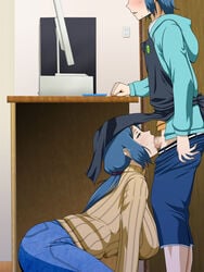 :>= apron aqua_eyes ass blue_eyes blue_hair blush breasts censored computer desktop electronics fellatio female gundam gundam_build_fighters highres huge_breasts incest indoors iori_rinko iori_sei jeans kneeling legs long_hair long_ponytail long_sleeves milf mosaic_censoring mother_and_son older_female oral parted_lips penis standing sweater table thighs turtleneck turtleneck_sweater under_the_table vermilion younger_male