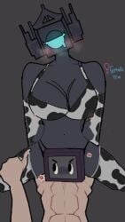 1boy1girl cow_bra cow_gloves cow_stockings cow_suit skibidi_toilet titan_camerawoman_(skibidi_toilet) titan_speakerman_(skibidi_toilet) turned_on vaginal_penetration