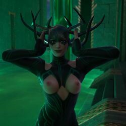 ai_generated breasts breasts_out clothed clothed_female clothing edit edited female female_only fortnite fortnite:_battle_royale hela helmet looking_at_viewer marvel marvel_comics mostly_clothed mostly_clothed_female nude_edit nude_filter shiny shiny_skin smile smiling smiling_at_viewer solo solo_female