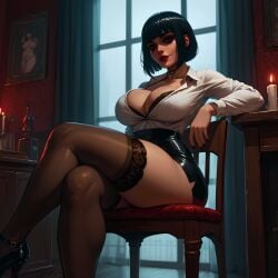 ai_generated black_skirt black_stockings classy goth goth_girl stable_diffusion stockings white_shirt