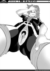 1girls ass ass_visible_through_thighs blush breasts clitoris covered_nipples from_below greyscale itsuka_kendou karasuh looking_down medium_breasts monochrome my_hero_academia no_panties open_mouth ponytail pov pussy pussy_juice short_sleeves simple_background smile solo standing track_uniform u.a._gym_uniform uncensored unzipped white_background