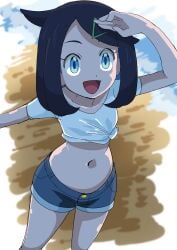 1girls belly belly_button blue_hair female female_focus female_only fully_clothed hainchu jean_shorts jpeg liko_(pokemon) midriff pale-skinned_female pale_skin pokemon pokemon_trainer shorts solo solo_female solo_focus white_shirt