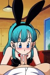 ai_generated blowjob blue_eyes blue_hair bulma_(bunny) bulma_(dragon_ball) bunny_ears bunny_girl bunnysuit cum_in_mouth dragon_ball tagme teenage_bulma