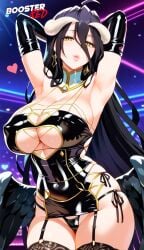 1girls adjusting_panties ai_generated albedo_(overlord) arms_above_head bare_shoulder black_hair bodycon boosterred99 bridal_gauntlets cameltoe cleavage clothing_cutout covered_navel covered_nipples cutout dress female female_only holding_breast horn horns large_breasts latex_panties leaning_forward long_hair overlord_(maruyama) post-timeskip ring seductive_smile shiny_clothes side-tie_panties side_locks sideboob skirt solo stockings succubus underboob wavy_hair white_hair yellow_eyes