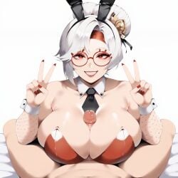 1boy 1girls ai_generated big_breasts black_tie bunny_ears bunnysuit double_v dug-lith-pls light-skinned_female light-skinned_male link link_(tears_of_the_kingdom) nintendo paizuri penis purah purah_(tears_of_the_kingdom) red_eyewear red_fingernails red_glasses red_leotard red_lipstick short_hair the_legend_of_zelda thiccwithaq_(ai_style) v_sign white_hair yodayo