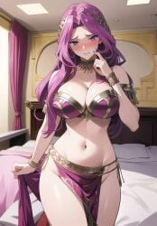 1girls ai_generated belly_button belly_dancer belly_dancer_outfit big_breasts blush code_geass cornelia_li_britannia crop_top harem_outfit large_breasts light-skinned_female light_skin long_hair looking_at_viewer mature_female midriff navel necklace nervous ornament pelvic_curtain purple_hair rockey solo solo_female