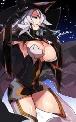 ara_ara black_white blazblue blue_eyes breasts cleavage hyakuhachi_(over3) konoe_a_mercury legwear lips nine_the_phantom thick_thighs thighs white_hair white_legwear witch_hat