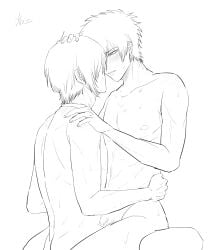 2boys blush completely_nude gay gintama hijikata_toshiro implied_anal implied_sex male male_only monochrome nude sitting sitting_on_lap sitting_on_person sketch sweat takasugi_shinsuke yaoi