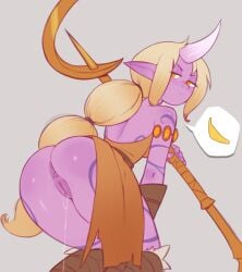 absurd_res anus ass blonde_hair bodily_fluids bottomless clothed clothing female genital_fluids genitals hair hi_res horn horned_humanoid humanoid humanoid_pointy_ears league_of_legends lurkin not_furry orange_eyes purple_body pussy simple_background solo soraka staff vaginal_fluids