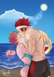 1boy 1girl1boy 1girls ashido_mina beach bikini eijirou_kirishima female hand_on_face horns katsuki_bakugou kirishima_eijirou kissing making_out male male/female mina_ashido my_hero_academia ocean ochako_uraraka pink_body pink_hair red_hair romantic seaside shirtless shirtless_male summer water