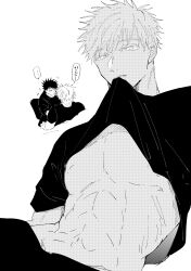 biting_shirt fushiguro_megumi gay jujutsu_kaisen male male_only monochrome muscular muscular_male satoru_gojo shirt_pulled_up shirt_up