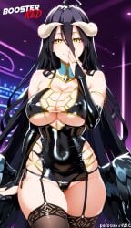 1girls adjusting_panties ai_generated albedo_(overlord) bare_shoulder black_hair bodycon boosterred99 bridal_gauntlets cameltoe cleavage clothing_cutout covered_navel covered_nipples cutout dress female female_only horn horns large_breasts latex_panties long_hair overlord_(maruyama) post-timeskip ring seductive_smile shiny_clothes side-tie_panties side_locks sideboob skirt solo stockings succubus underboob wavy_hair white_hair yellow_eyes