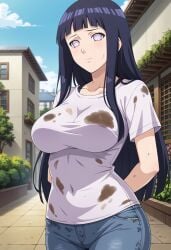 ai_generated arms_behind_back big_breasts black_hair civitai dirt dirty hyuuga_hinata jeans large_breasts long_hair naruto naruto_(series) naruto_shippuden no_pupils white_shirt