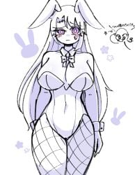 2023 big_breasts blush bunny_ears bunnysuit fishnets long_hair monochrome oc sana_(yume0534) sketch tagme thick_thighs white_hair yume0534