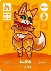 amiibo_card anthro armor arturfox blonde_hair breasts canid canine card clothing female fox green_eyes hair hi_res mammal navel orange_body scarf solo tail thong underwear