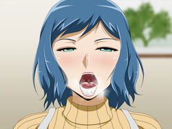 after_fellatio apron aqua_eyes blue_eyes blue_hair blurry blurry_background blush cum cum_in_mouth female gundam gundam_build_fighters half-closed_eyes heavy_breathing highres indoors iori_rinko looking_at_viewer milf open_mouth ring solo sweater tongue turtleneck turtleneck_sweater upper_body vermilion wedding_ring