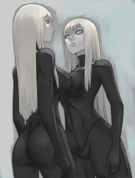 2girls alicia_(claymore) ass beth_(claymore) big_ass black_bodysuit blonde_hair bodysuit claymore clothing dat_ass large_breasts pale_skin platinum_blonde_hair silver_eyes sisters twins