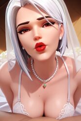 ai_generated ashe_(overwatch) bride kissing overwatch patreon red_lipstick wedding_dress white_hair