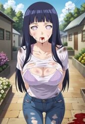 ai_generated arms_behind_back big_breasts black_hair blood blood_in_mouth blood_on_face civitai damaged_clothes dirt dirty hyuuga_hinata jeans large_breasts long_hair naruto naruto_(series) naruto_shippuden no_pupils ripped_clothing ripped_shirt scratches white_shirt