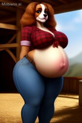 ai ai_generated anthro barn big_belly brown_eyes brown_fur canine cocker_spaniel datspaniel ellie_barkley furry jeans mobians.ai plaid_shirt pregnant ready_to_pop wide_hips