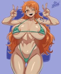 1girls bare_arms bare_legs bare_shoulders bare_thighs big_breasts bikini bikini_bottom bikini_top blush breasts_bigger_than_head clothed clothing color female female_focus female_only hi_res large_breasts light-skinned_female light_skin long_hair looking_at_viewer massive_breasts nami nami_(one_piece) nipples_visible_through_clothing one_piece open_mouth orange_eyes orange_hair shounen_jump solo solo_female srbready tagme tattoo thick_thighs