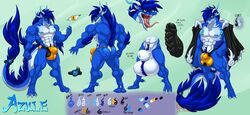 2018 3_toes 5_fingers abs animal_genitalia anthro balls biceps big_balls big_penis black_penis blue_hair blue_skin cape clothing digitigrade dragon eastern_dragon english_text erection eyewear fully_sheathed glasses grin hair horn hungothenomster male model_sheet mostly_nude muscular muscular_male nipples nude open_mouth penis sharp_teeth sheath slit_pupils smile solo standing teeth text toes tongue tongue_out