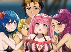 1boy 3girls alternate_costume bangs black_bikini black_swimsuit blue_eyes braid braided_ponytail breasts brown_bikini brown_eyes brown_hair brown_swimsuit byleth_(female)_(summer)_(fire_emblem) byleth_(fire_emblem) byleth_(fire_emblem)_(female) claude_von_riegan claude_von_riegan_(summer) cleavage female female_focus fire_emblem fire_emblem:_three_houses fire_emblem_heroes girl_sandwich green_eyes group_hug hilda_valentine_goneril hilda_valentine_goneril_(summer) hug large_breasts long_hair looking_at_viewer male medium_breasts medium_hair multiple_girls nintendo official_alternate_costume petra_macneary petra_macneary_(summer) pink_bikini pink_swimsuit ponytail purple_hair sandwiched short_hair smile tara_(szzj7733) teal_hair twintails