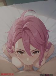 ai_generated ass big_ass big_breasts blowjob blushing_at_viewer bubbleteexl dandadan deep_blowjob deepthroat faceless_male fellatio medium_hair naked naked_female nipples nude_female oral oral_sex pink_eyes pink_hair pov shiratori_aira_(dandadan) sucking_penis