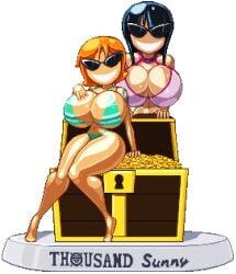 casetermk disney dollification female female_only huge_ass huge_breasts knick_knack nami nami_(one_piece) navel nico_robin one_piece permanent_smile pixar pixel_art post-timeskip sunglasses sunnification thick_thighs transformation treasure treasure_chest wide_hips