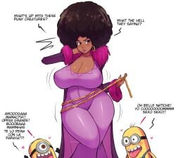 belle_bottom_(minions) big_ass big_breasts black_body black_hair boob_window clothed despicable_me female huge_ass huge_breasts minion nipples_visible_through_clothing no_bra pinkkoffin revealing_clothes tagme thick_ass thick_hips