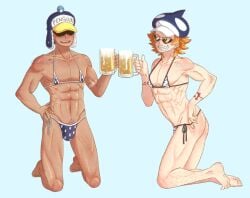 alcohol beer beer_mug bikini bulge bulge_through_clothing celluceta covered_eyes crossdressing full_body grin hat kneeling male male_only manly_crossdresser micro_bikini muscles muscular muscular_male one_piece orange_hair penguin_(one_piece) shachi_(one_piece) shaded_face smile sunglasses tan_skin tattoo tinted_eyewear