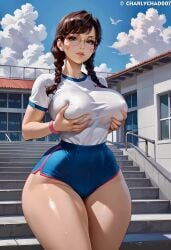 1girl ai_generated ass big_ass blue_shorts breast_grab charlychad007 d.va grabbing_own_breast huge_breasts light-skinned_female light_skin looking_at_viewer overwatch school_uniform thick_thighs wide_hips